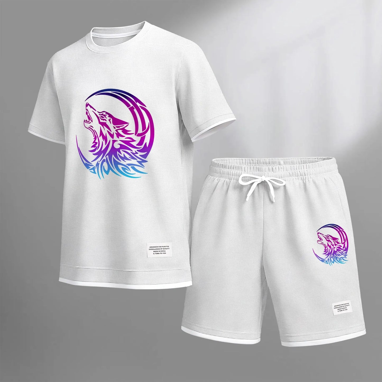 Men's Gradient Wolf & Moon Graphic Print Waffle Short Sleeve T-Shirt & Shorts Set, Summer Lightweight Sporty Casual Two-Piece Outfit, Streetwear for Gym & Daily Wear