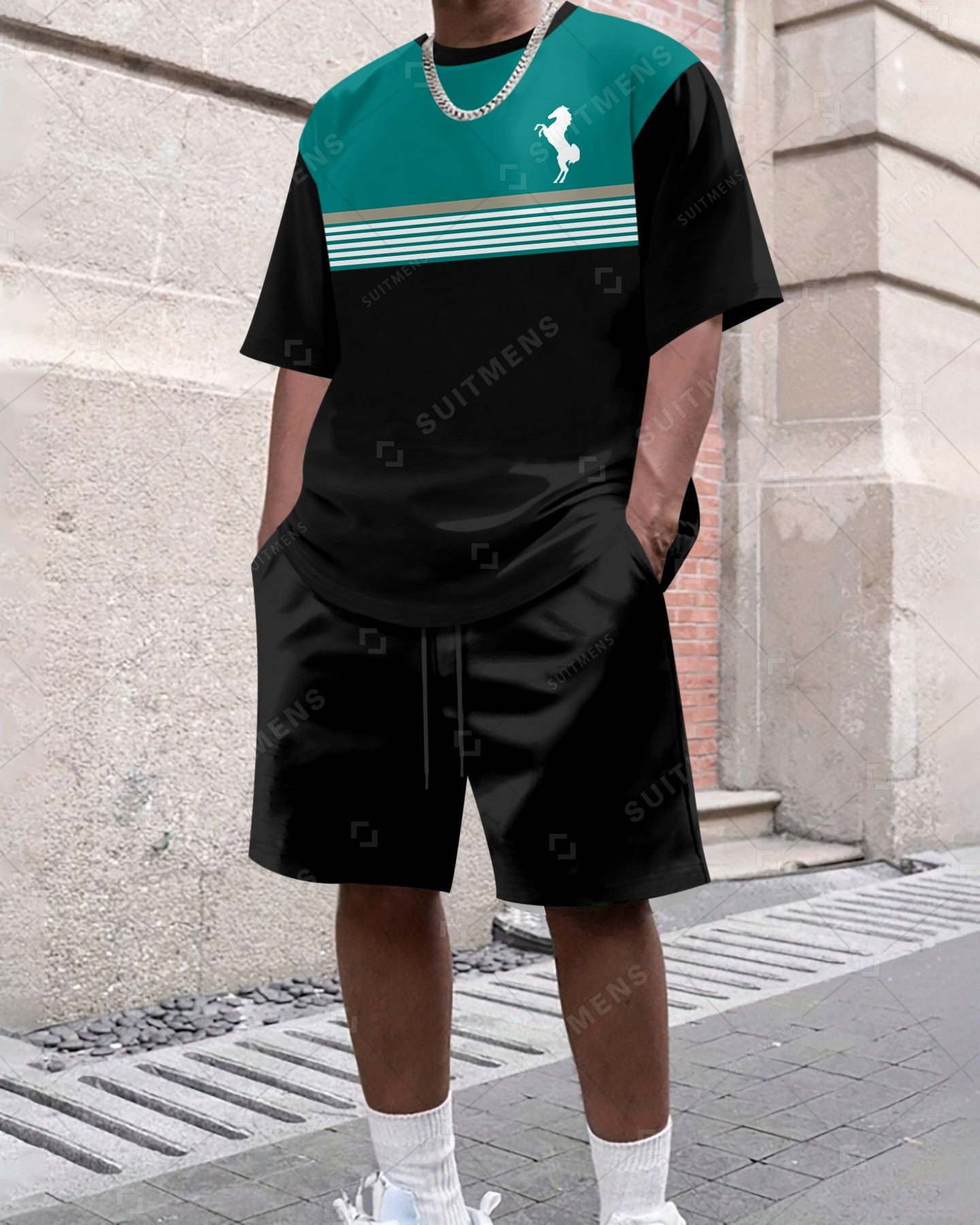 Men's Summer Colorblock Printed Round Neck Set 416