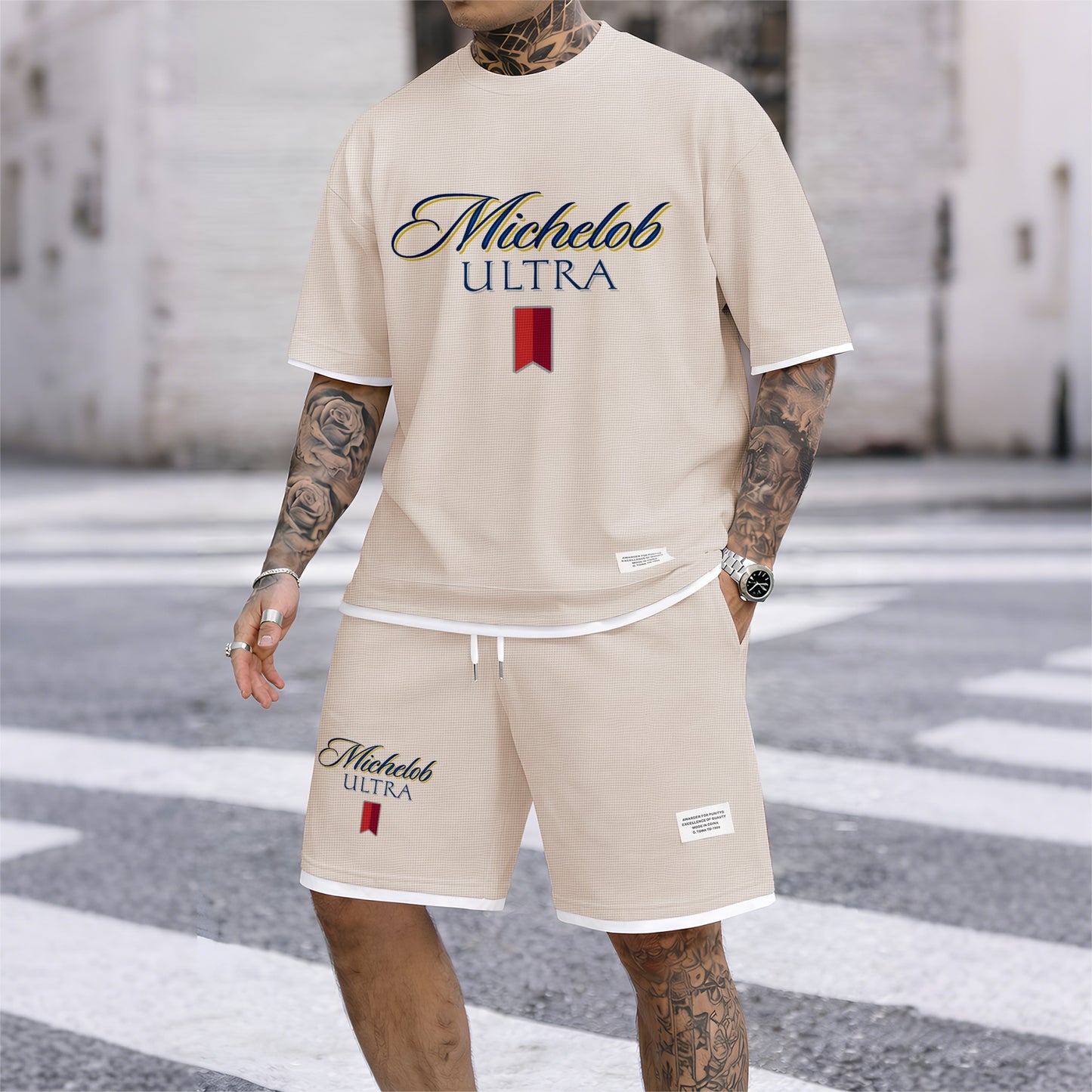 Men's Beer And Beverage Printed Drawstring Shorts Set, Suitable For Spring And Summer Wear, Casual Summer Set, Including Short-Sleeved Shirt And Shorts, Suitable For Everyday Wear And Sports 09