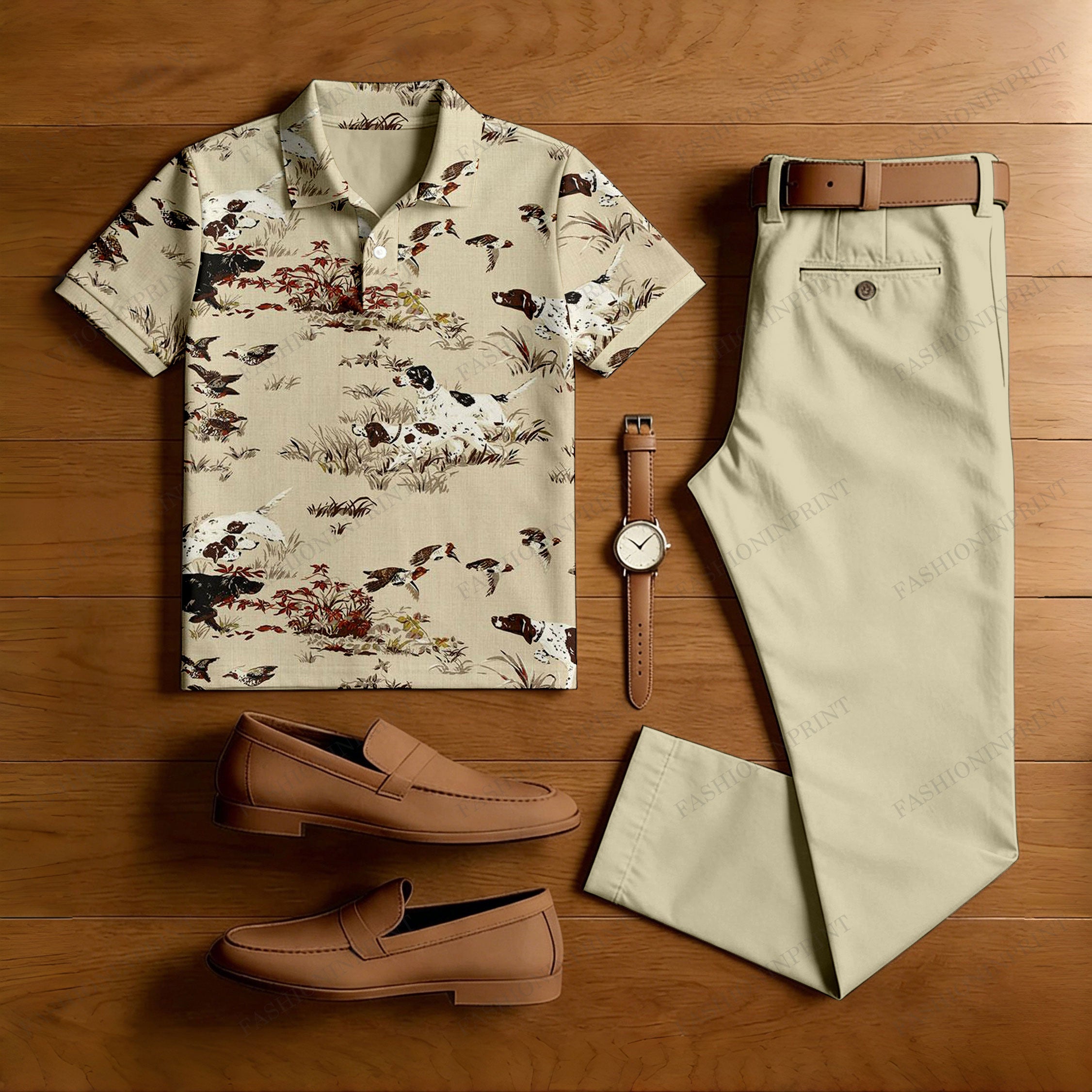 Men's Casual Khaki Puppy Printed Polo Shirt And Pants Two-Piece Set