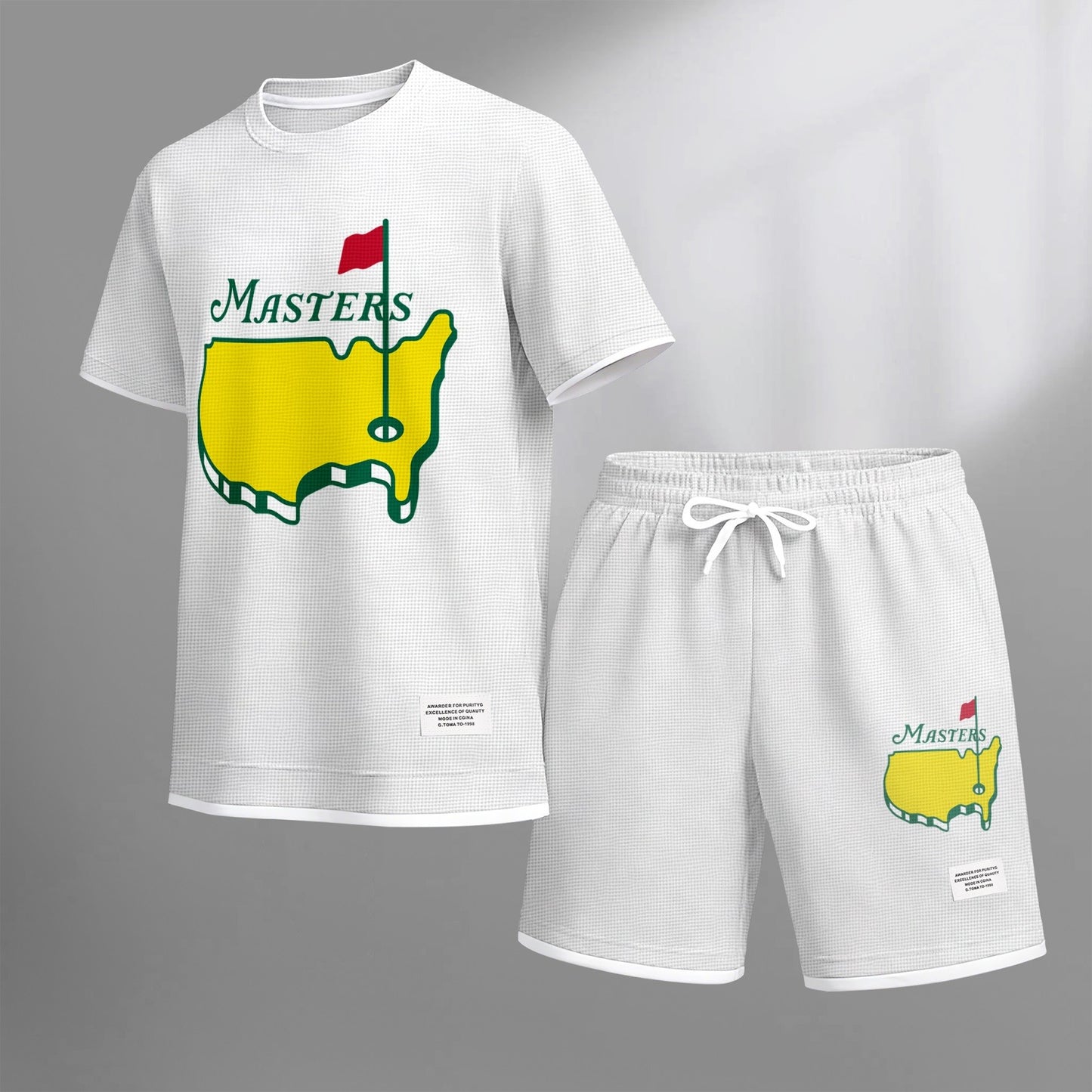 Men's Classic Golf Club print drawstring shorts set for spring/summer, a casual summer outfit including a short-sleeved shirt and shorts, suitable for everyday wear and sports. A two-piece set for a relaxed and energetic lifestyle.