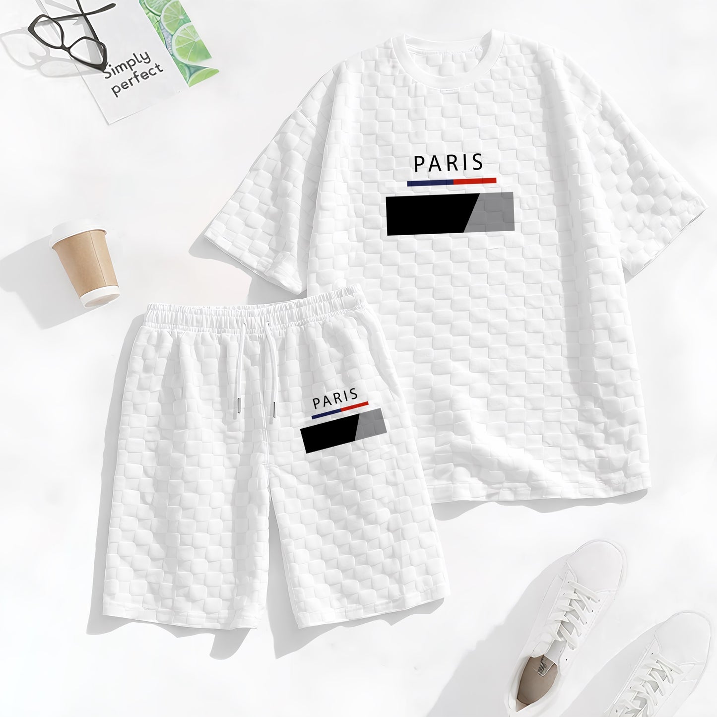 Men's Spring and Summer Paris Letter Print Checkered Fabric Drawstring Shorts Set, Casual Summer Outfit with Short-Sleeved Shirt and Shorts, Ideal for Everyday Wear and Sports Activities