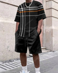 Men's Summer Colorblock Printed Round Neck Set 633