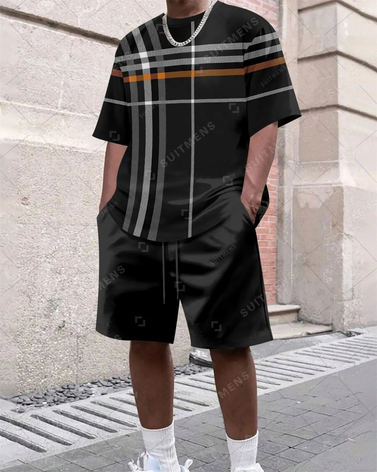 Men's Summer Colorblock Printed Round Neck Set 633