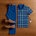 Men's Casual Navy Blue Plaid Print  Short-Sleeved Shirt And Trousers Two-Piece Set