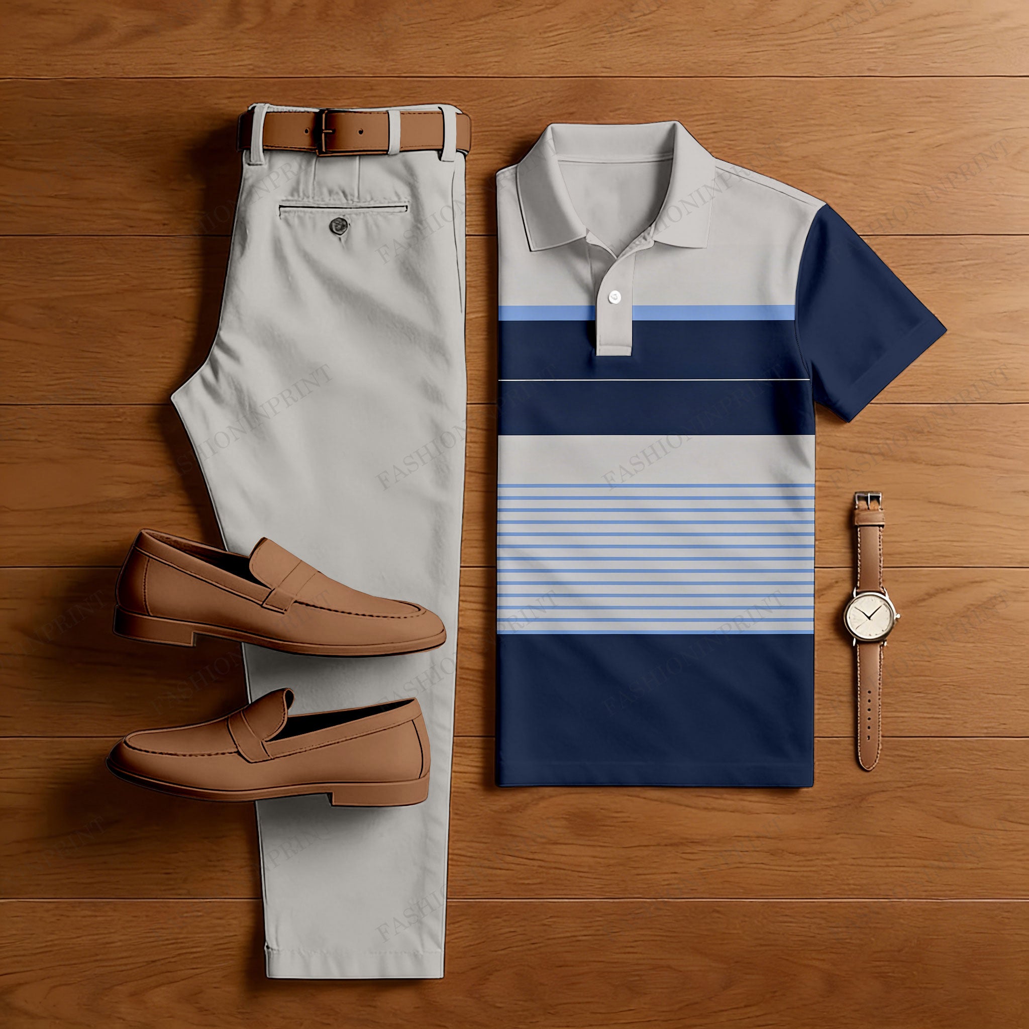 Men's Casual Dark Blue & Gray Geometric Printed Polo Shirt And Pants Two-Piece Set