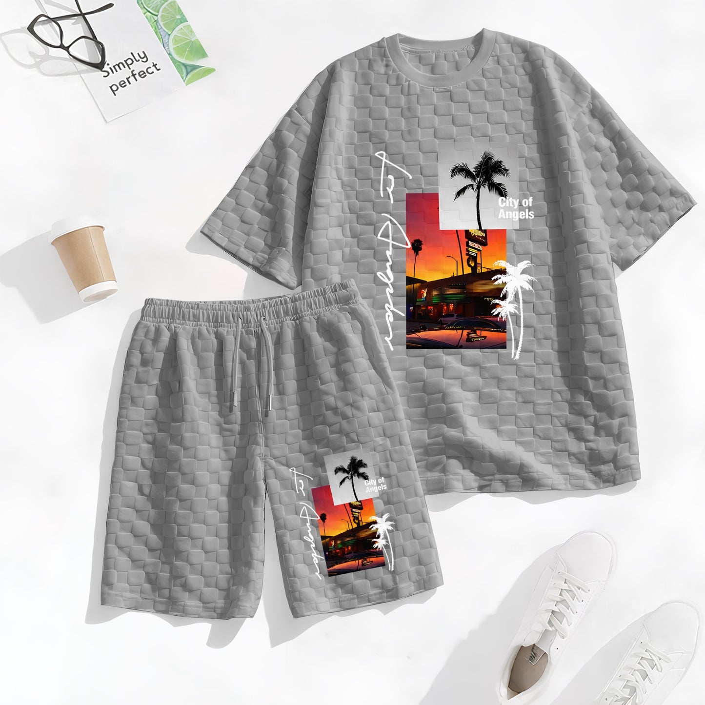 Men's Resort Graphic Print Spring And Summer Drawstring Shorts Set, A Casual Summer Outfit, Including A Short-Sleeved Shirt And Shorts, Suitable For Everyday Wear And Sports Activities.