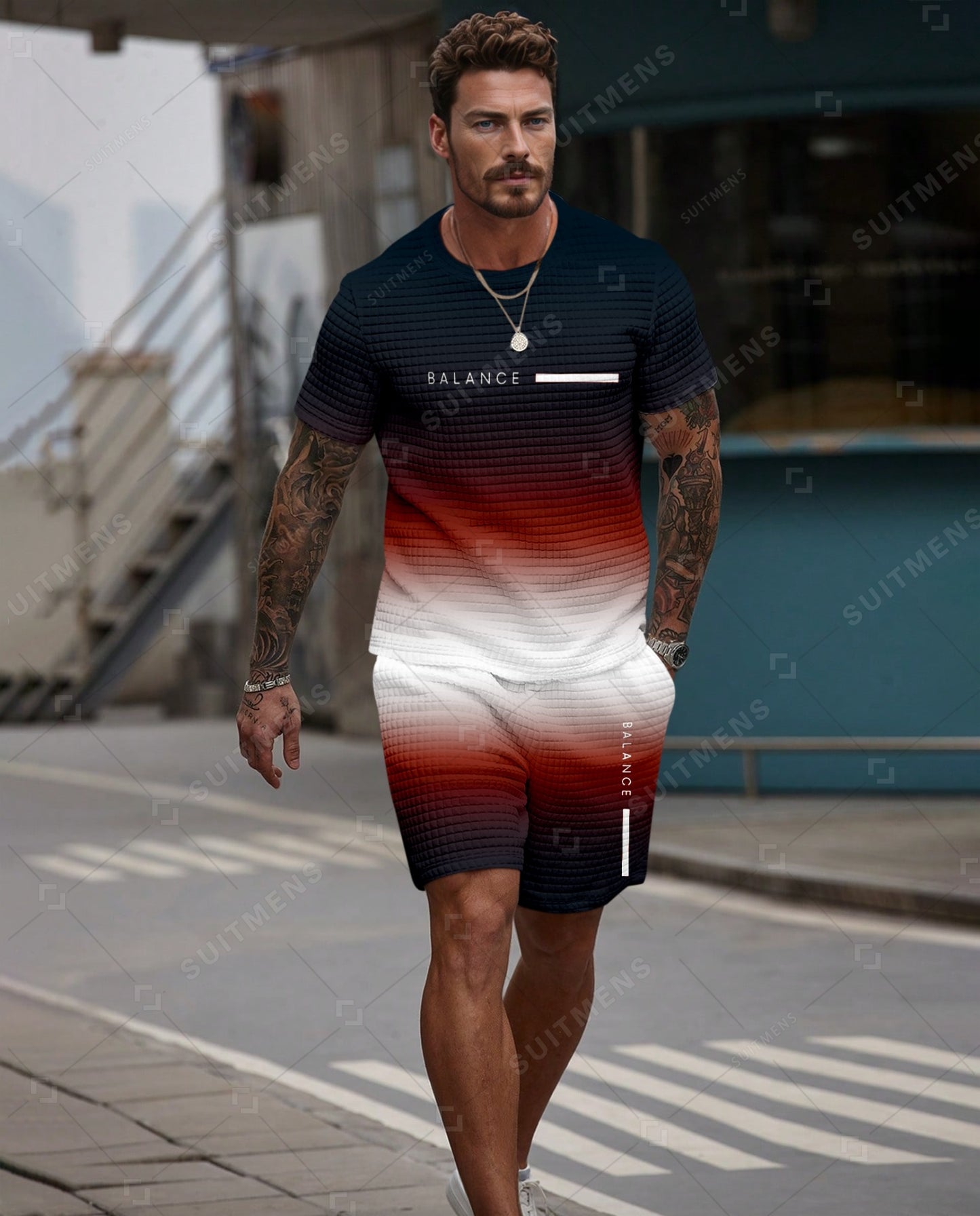 Men's Casual Waffle Textured Summer Round Neck Short Sleeve Shorts Set 0023