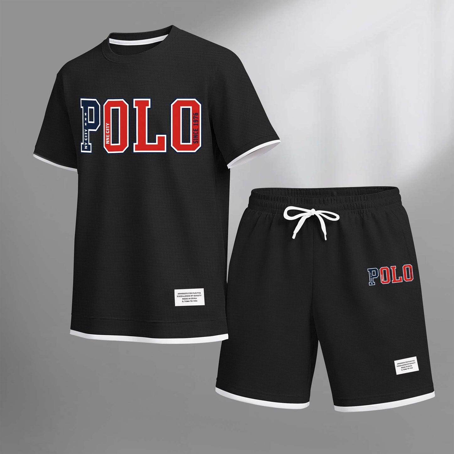 Men's Polo Print Drawstring Shorts Set For Spring/Summer. A Casual Summer Outfit, Including A Short-Sleeved Shirt And Shorts, Suitable For Everyday Wear And Sports. A Two-Piece Set For A Relaxed And Energetic Lifestyle.