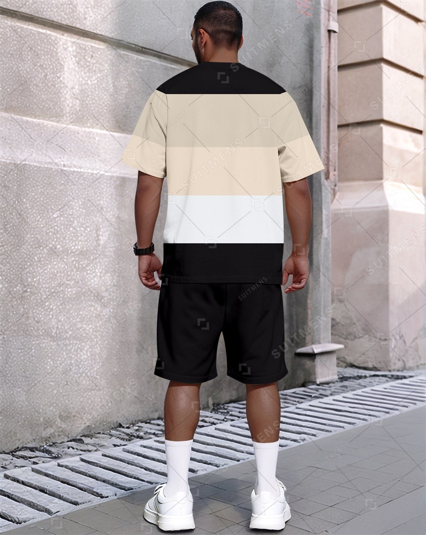 Men's Summer Colorblock Printed Round Neck Set 638