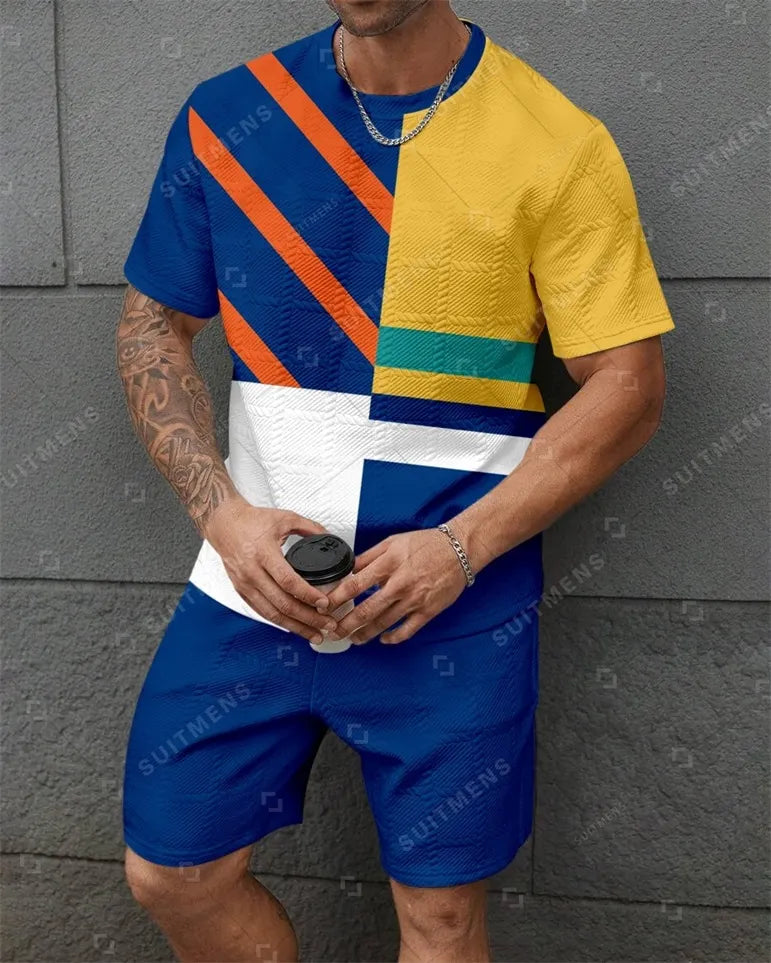 Men's Jacquard Textured Color Block Printed Short Sleeve Shorts Set 006