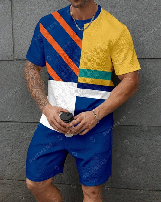 Men's Jacquard Textured Color Block Printed Short Sleeve Shorts Set 006
