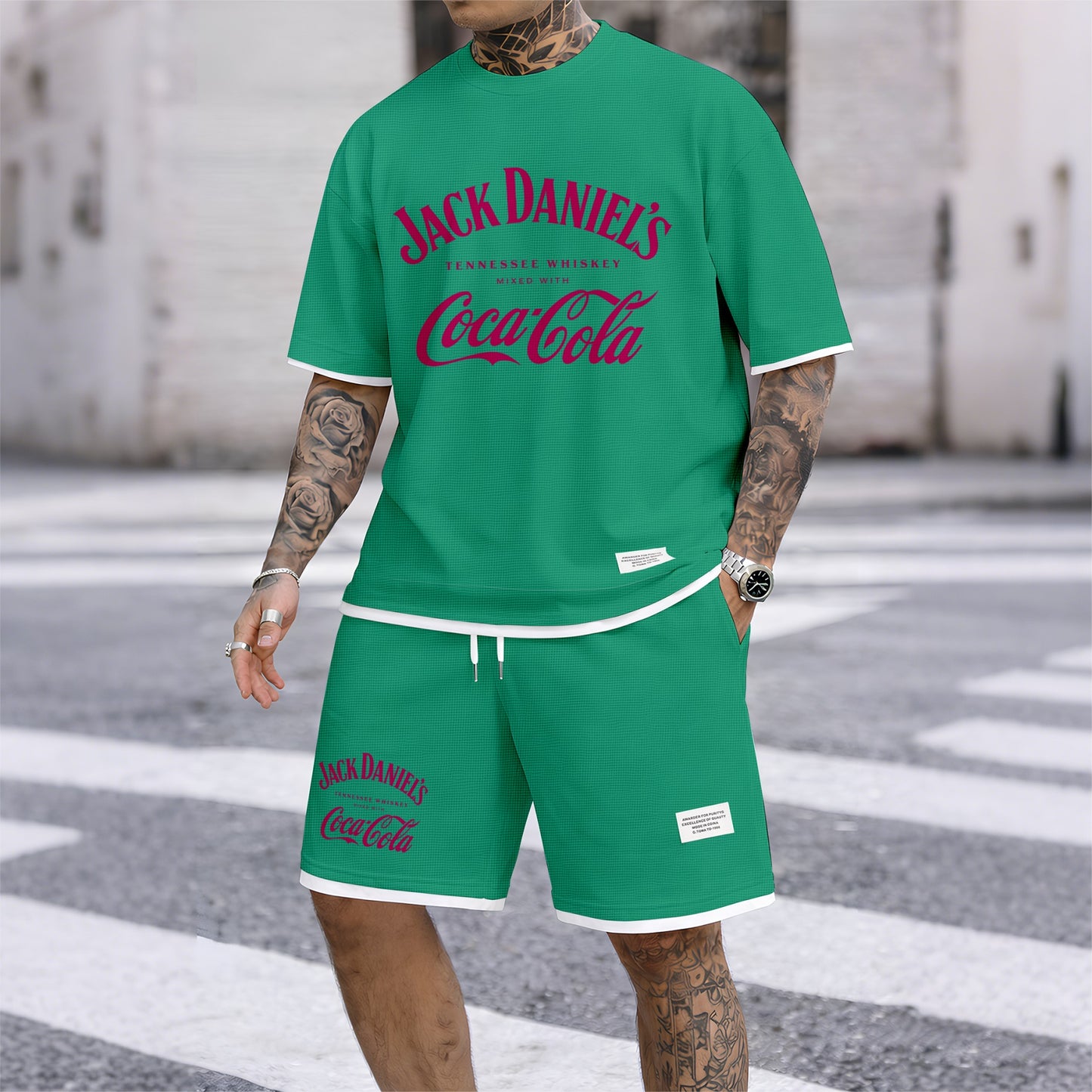 Men's Beer Print Drawstring Shorts Set, Suitable For Spring And Summer Wear, Casual Summer Set, Including Short-Sleeved Shirt And Shorts, Suitable For Everyday Wear And Sports 08