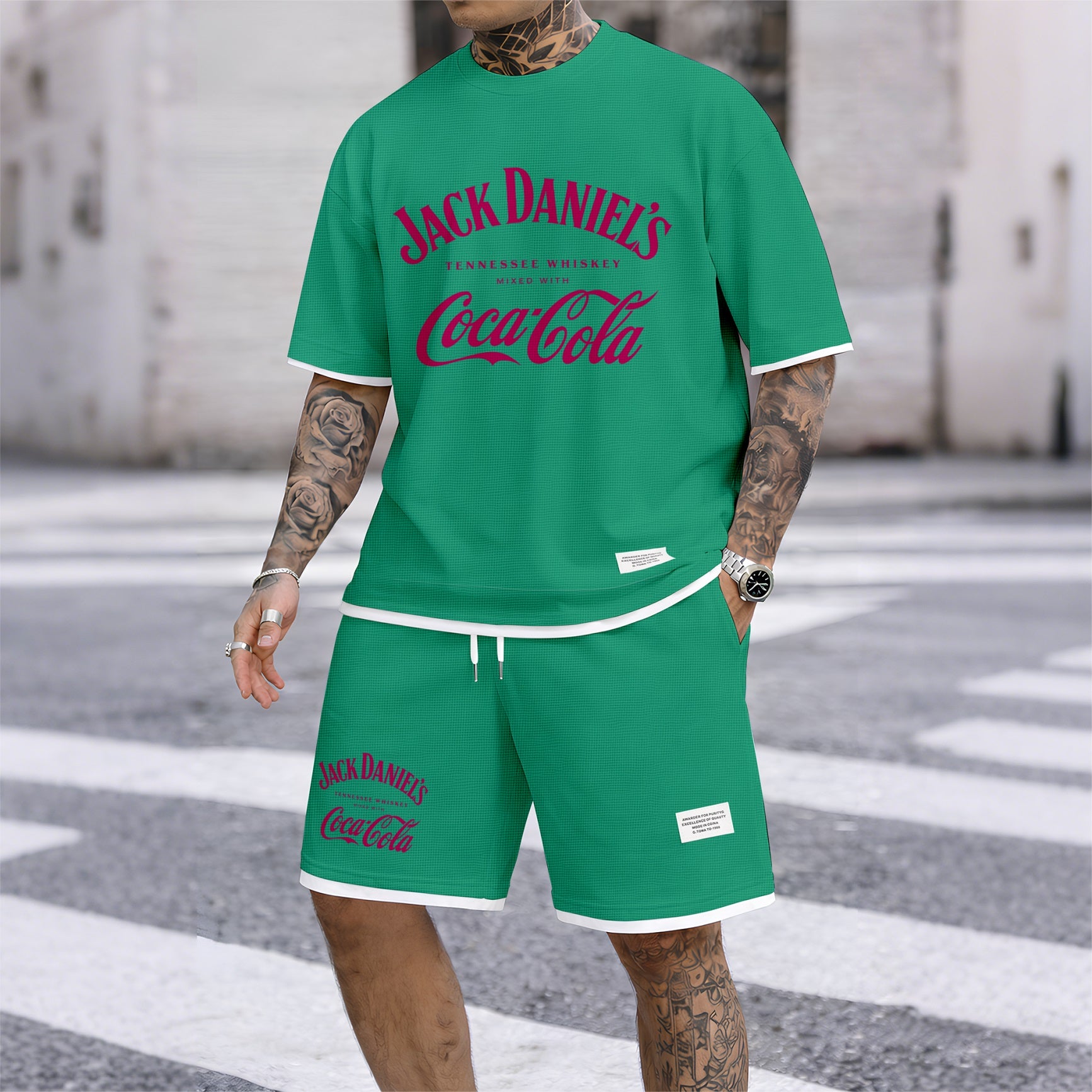 Men's Beer Print Drawstring Shorts Set, Suitable For Spring And Summer Wear, Casual Summer Set, Including Short-Sleeved Shirt And Shorts, Suitable For Everyday Wear And Sports 08
