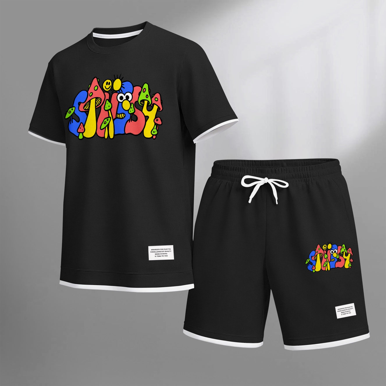 Men's Cartoon Mushroom Doodle Print Waffle Fabric Short-Sleeved Shirt And Shorts Set