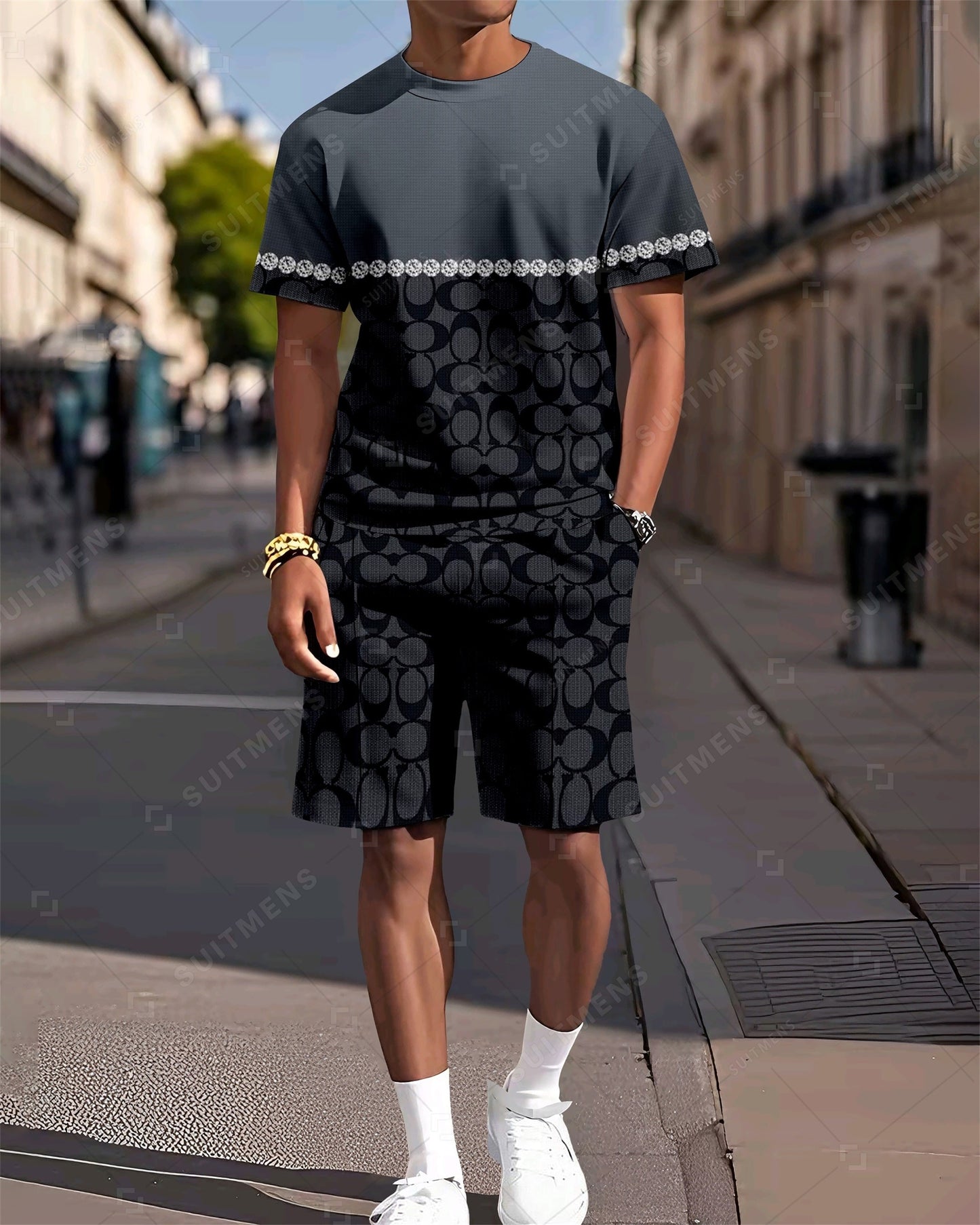 Men's Colorblock Printed Casual Summer Round Neck Set 2030