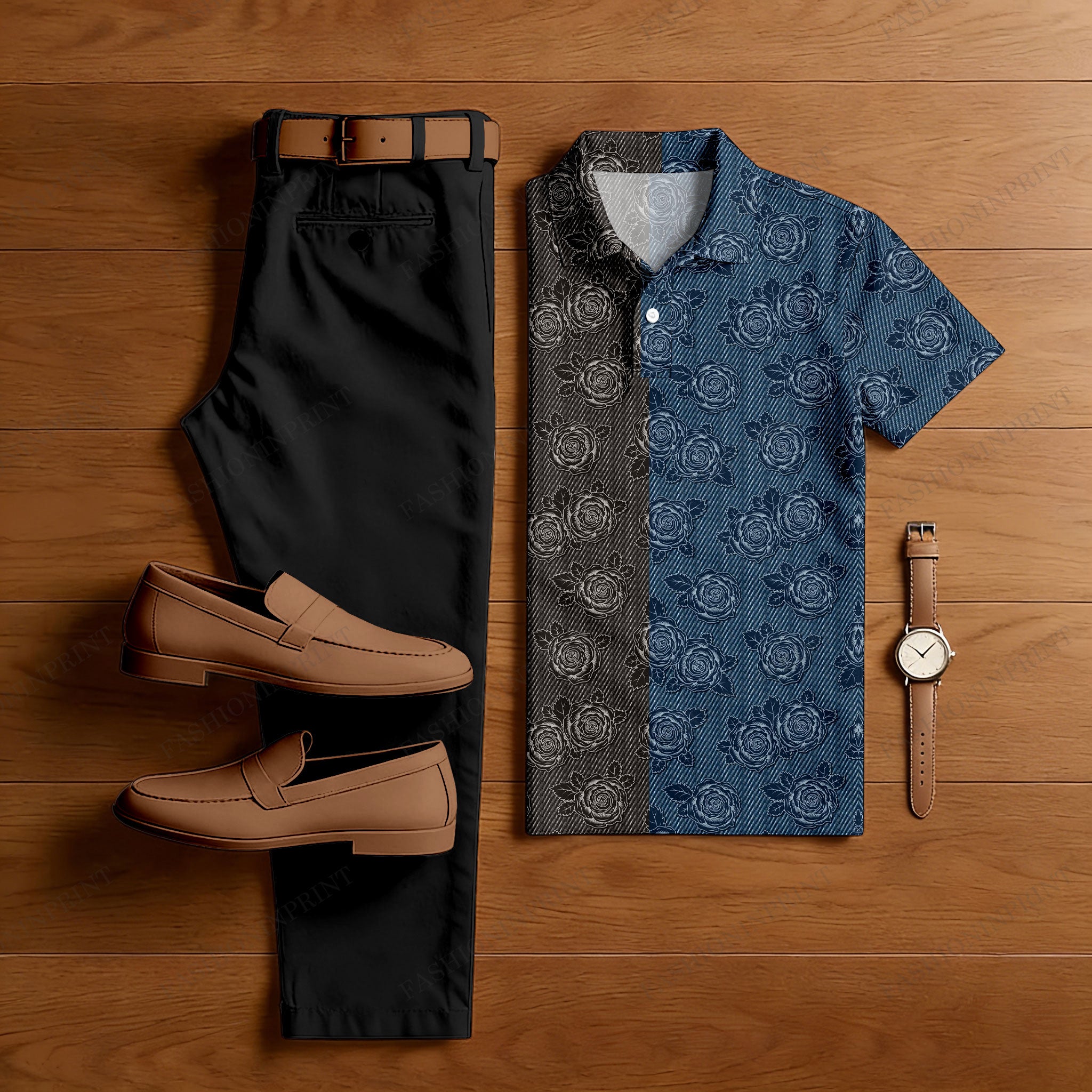Men's Casual Dark Gray And Dark Blue Printed Polo Shirt And Pants Two-Piece Set