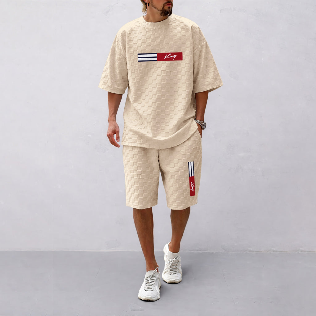 Men's Spring and Summer 'King' Letter Print Checkered Fabric Drawstring Shorts Set, Casual Summer Outfit with Short-Sleeved Shirt and Shorts, Ideal for Everyday Wear and Sports Activities