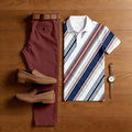 Men's Casual Red Brown & White Multi Color Matching Striped Printed Short Sleeved Polo Shirt & Trousers Two-Piece Set