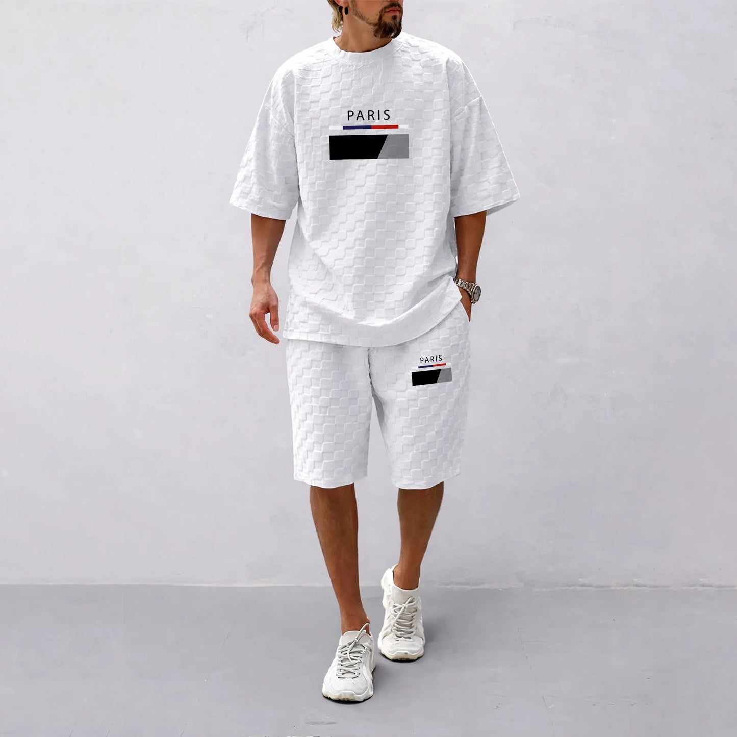 Men's Spring and Summer Paris Letter Print Checkered Fabric Drawstring Shorts Set, Casual Summer Outfit with Short-Sleeved Shirt and Shorts, Ideal for Everyday Wear and Sports Activities