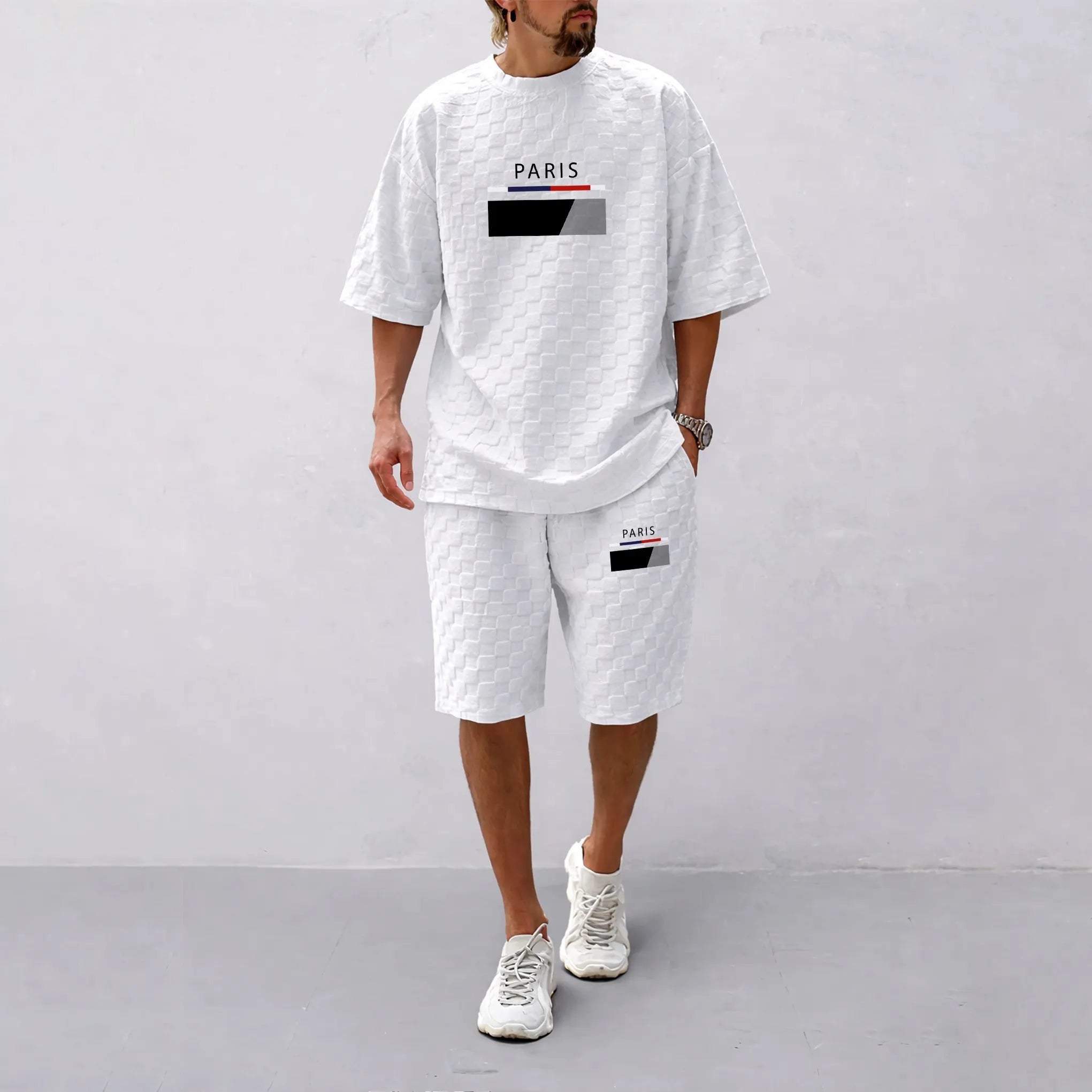 Men's Spring and Summer Paris Letter Print Checkered Fabric Drawstring Shorts Set, Casual Summer Outfit with Short-Sleeved Shirt and Shorts, Ideal for Everyday Wear and Sports Activities