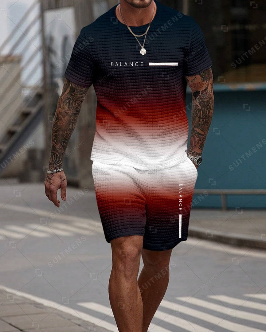 Men's Casual Waffle Textured Summer Round Neck Short Sleeve Shorts Set 0023