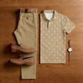 Men's Casual Khaki Icon Printed Polo Shirt And Pants Two-Piece Set