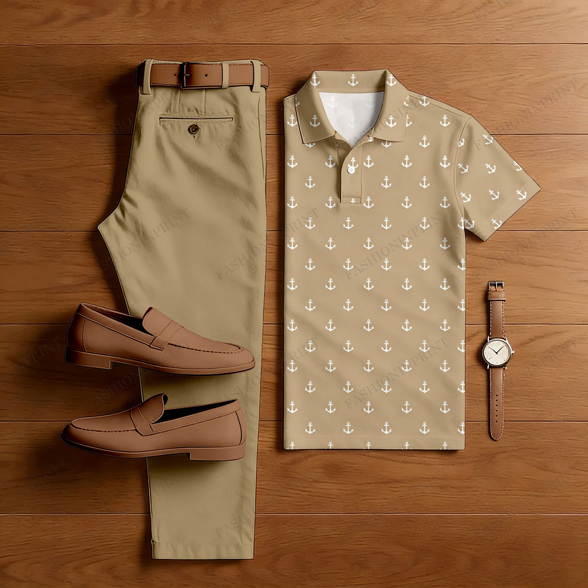 Men's Casual Khaki Icon Printed Polo Shirt And Pants Two-Piece Set