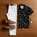 Men's Casual Black & White Color Matching Music Art Printed Short Sleeved Polo Shirt & Trousers Two-Piece Set