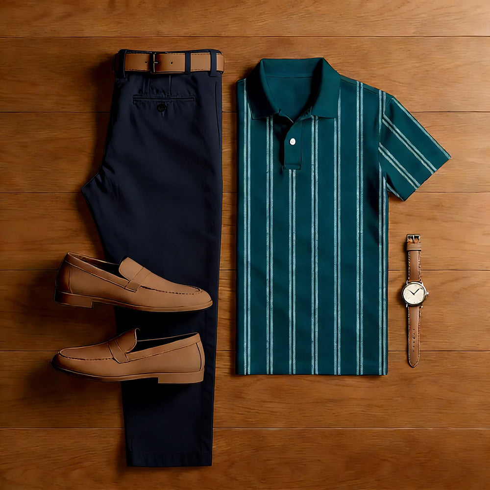Men's Casual Dark Green Color Matching Striped Printed Short Sleeved Polo Shirt & Navy Blue Trousers Two-Piece Set