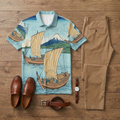 Men's Casual Blue Sailboat Printed Short-Sleeve Polo Shirt And Trousers Two-Piece Set