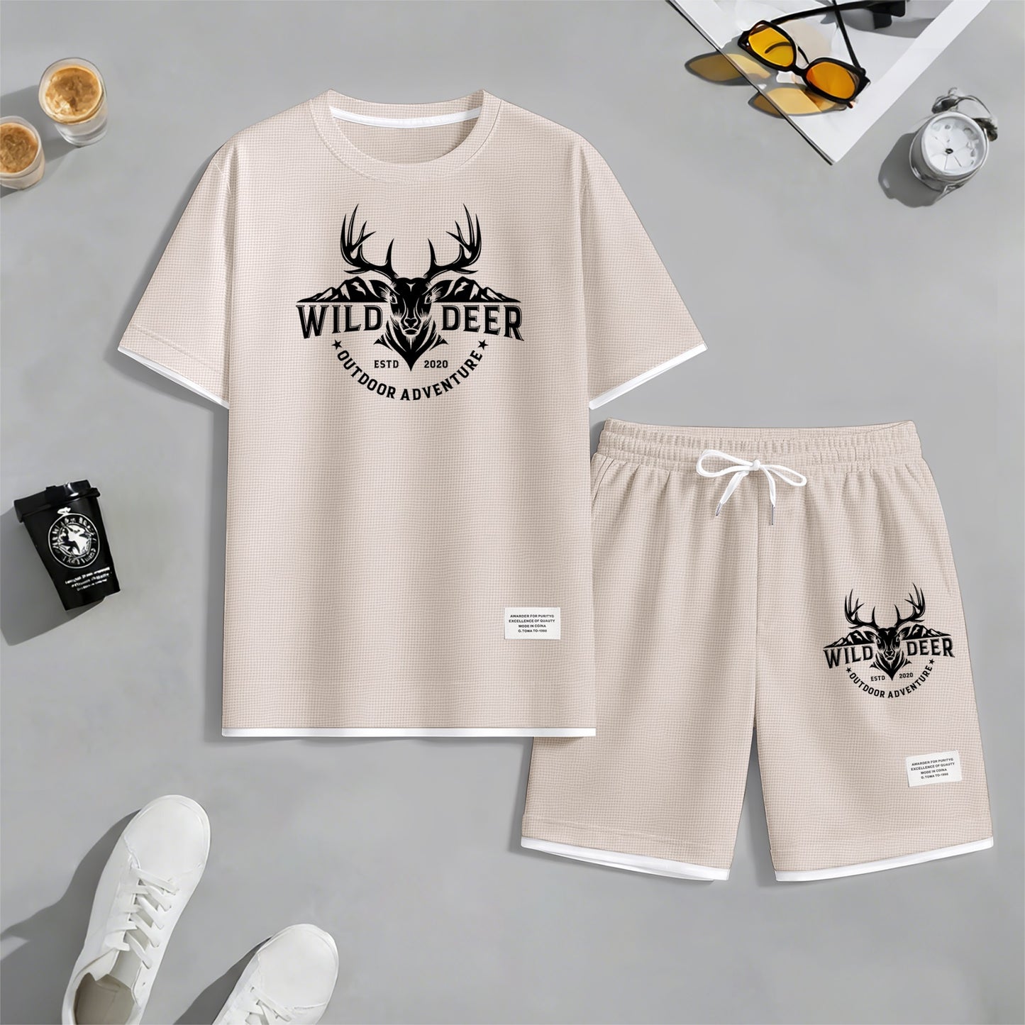 Men's Wild Deer Graphic Print Waffle Short Sleeve T-Shirt & Shorts Set, Summer Lightweight Outdoor Adventure Sporty Casual Two-Piece Outfit, Streetwear for Gym & Daily Wear