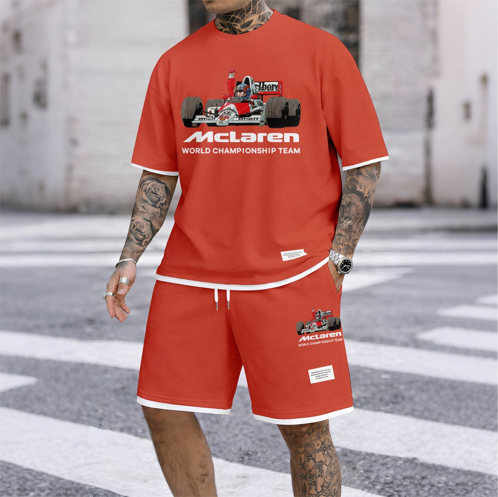 Men's Super Racing Print Waffle Fabric Short-Sleeved Shirt And Shorts Set