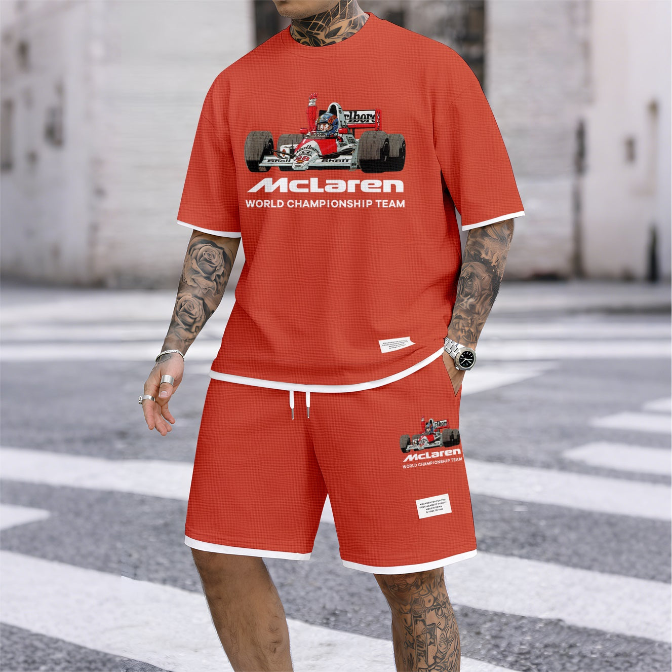 Men's Super Racing Print Waffle Fabric Short-Sleeved Shirt And Shorts Set