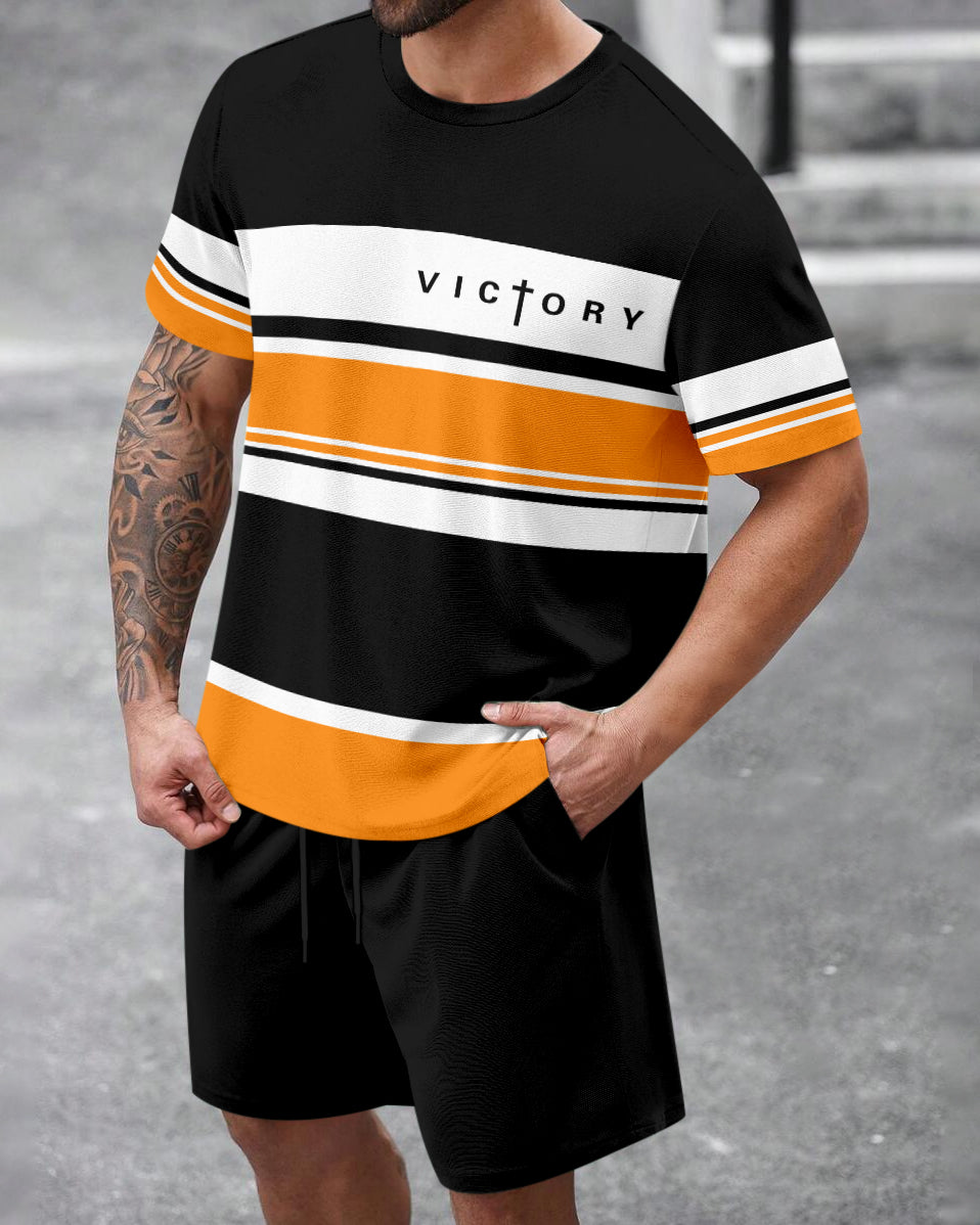 Men's Summer Colorblock Printed Round Neck Set 469