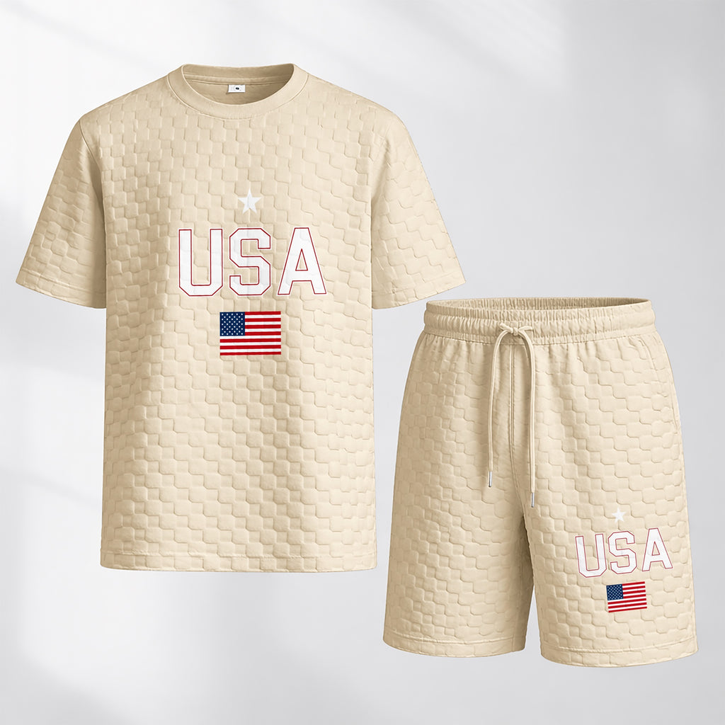 Men's Spring and Summer USA Letter Print with Flag Checkered Fabric Drawstring Shorts Set, Casual Summer Outfit with Short-Sleeved Shirt and Shorts, Ideal for Everyday Wear and Sports Activities