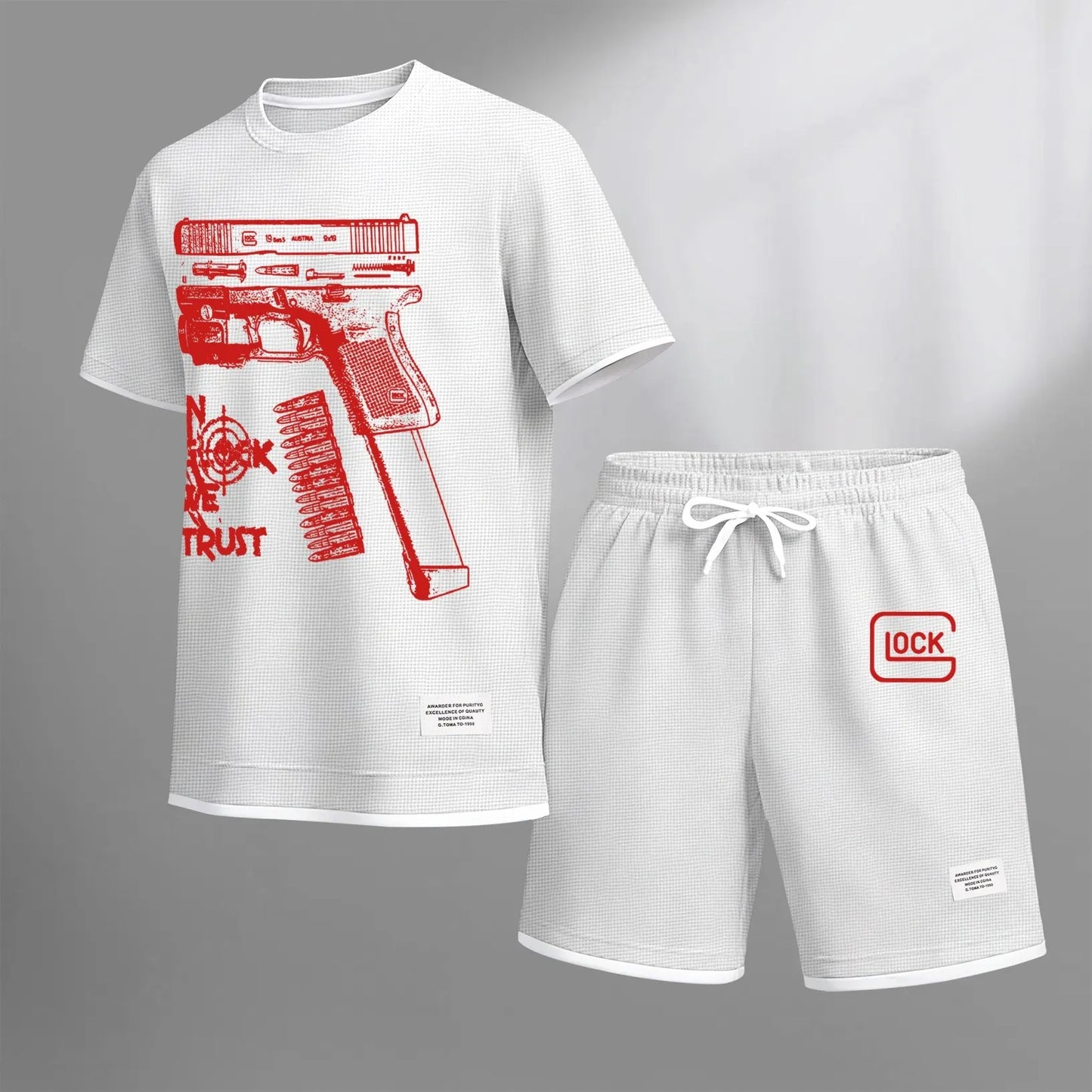 Men's classic K-print drawstring shorts set, perfect for spring and summer. This casual summer set includes a short-sleeved shirt and shorts, ideal for everyday wear and sports activities