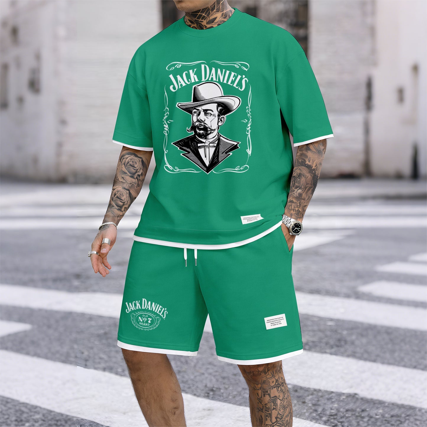 Men's Beer Print Drawstring Shorts Set, Suitable For Spring And Summer Wear, Casual Summer Set, Including Short-Sleeved Shirt And Shorts, Suitable For Everyday Wear And Sports 04