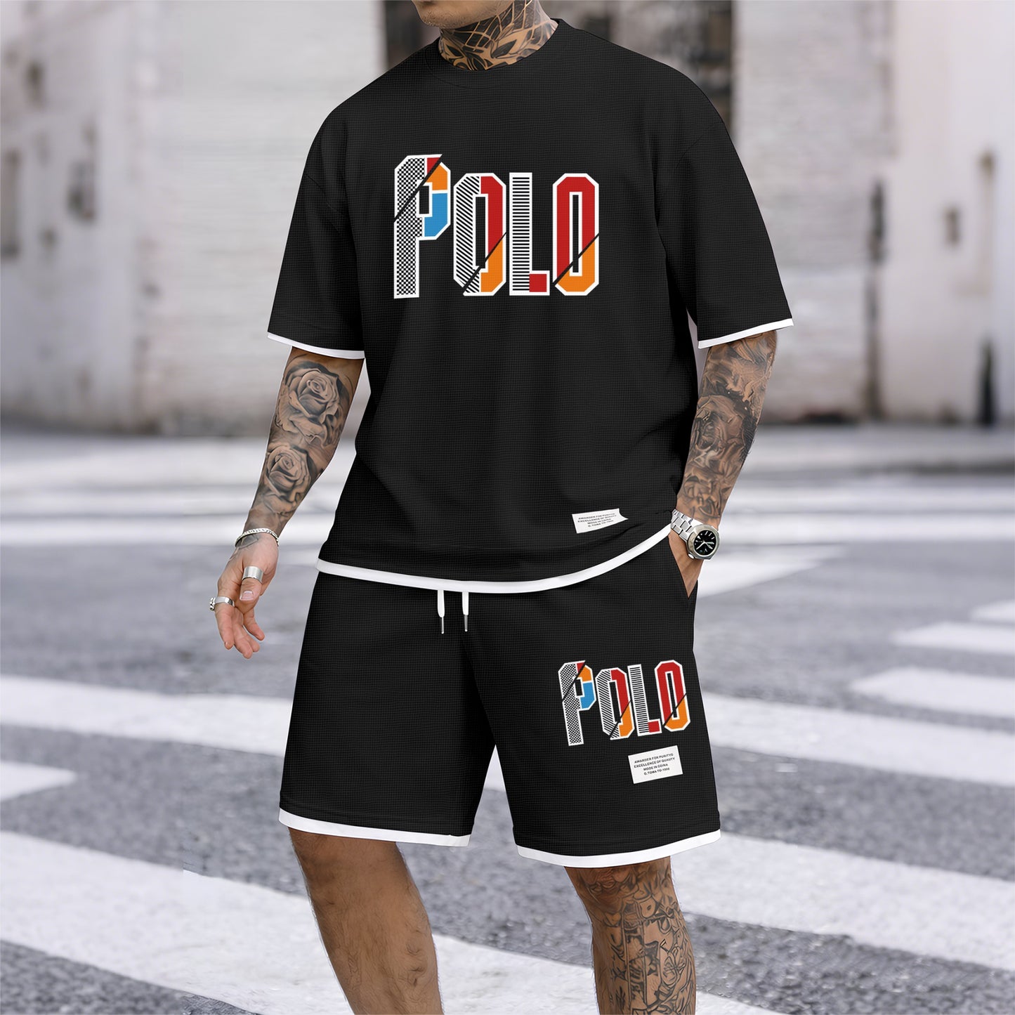 Men's Retro Cool Letter Print Short Sleeve T-Shirt & Shorts Set, Summer Lightweight Waffle Sporty Casual Two-Piece Outfit, Streetwear for Gym & Daily Wear