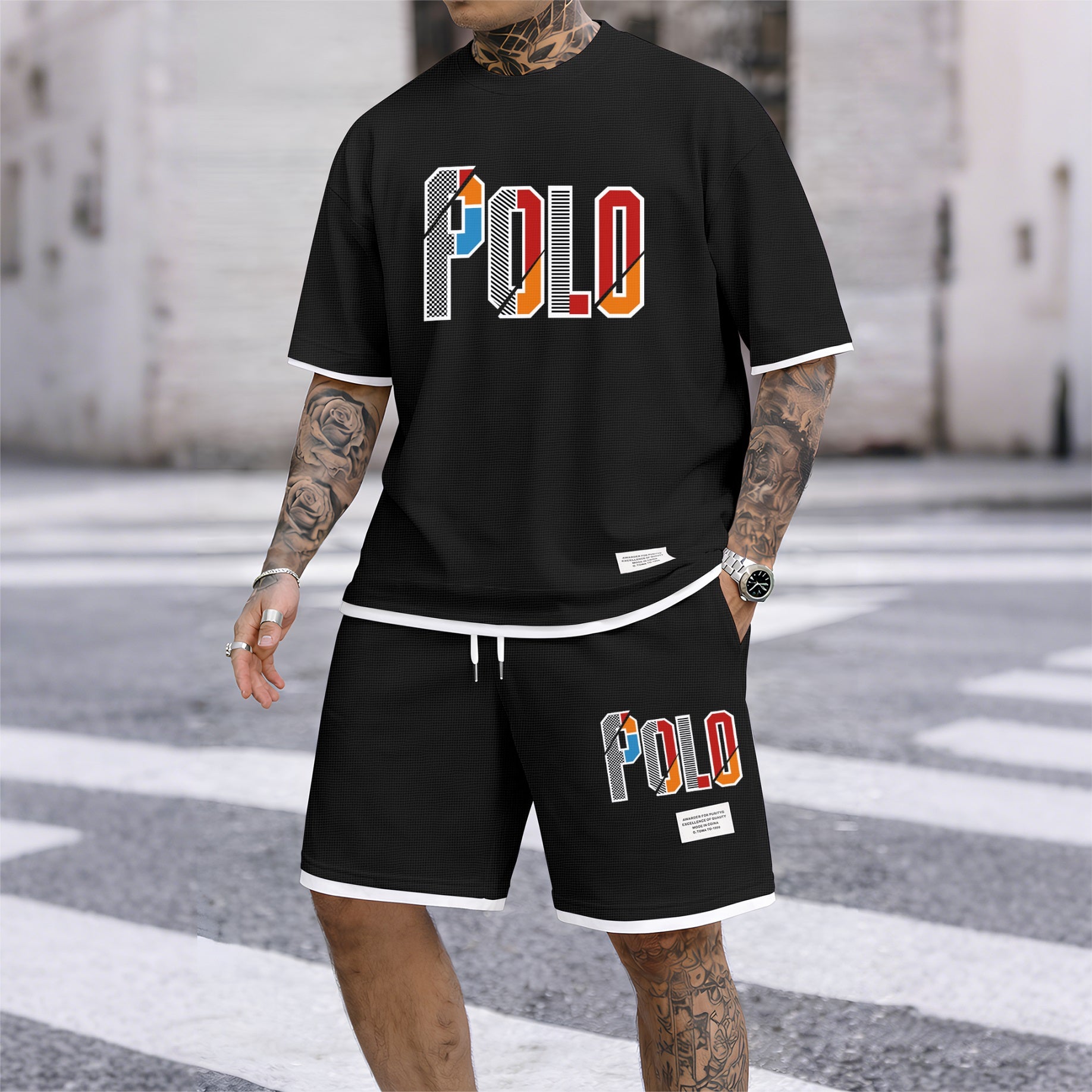 Men's Retro Cool Letter Print Short Sleeve T-Shirt & Shorts Set, Summer Lightweight Waffle Sporty Casual Two-Piece Outfit, Streetwear for Gym & Daily Wear