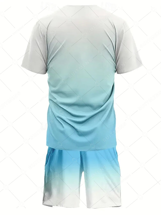 Men's Summer Gradient Print Round Neck Set 240