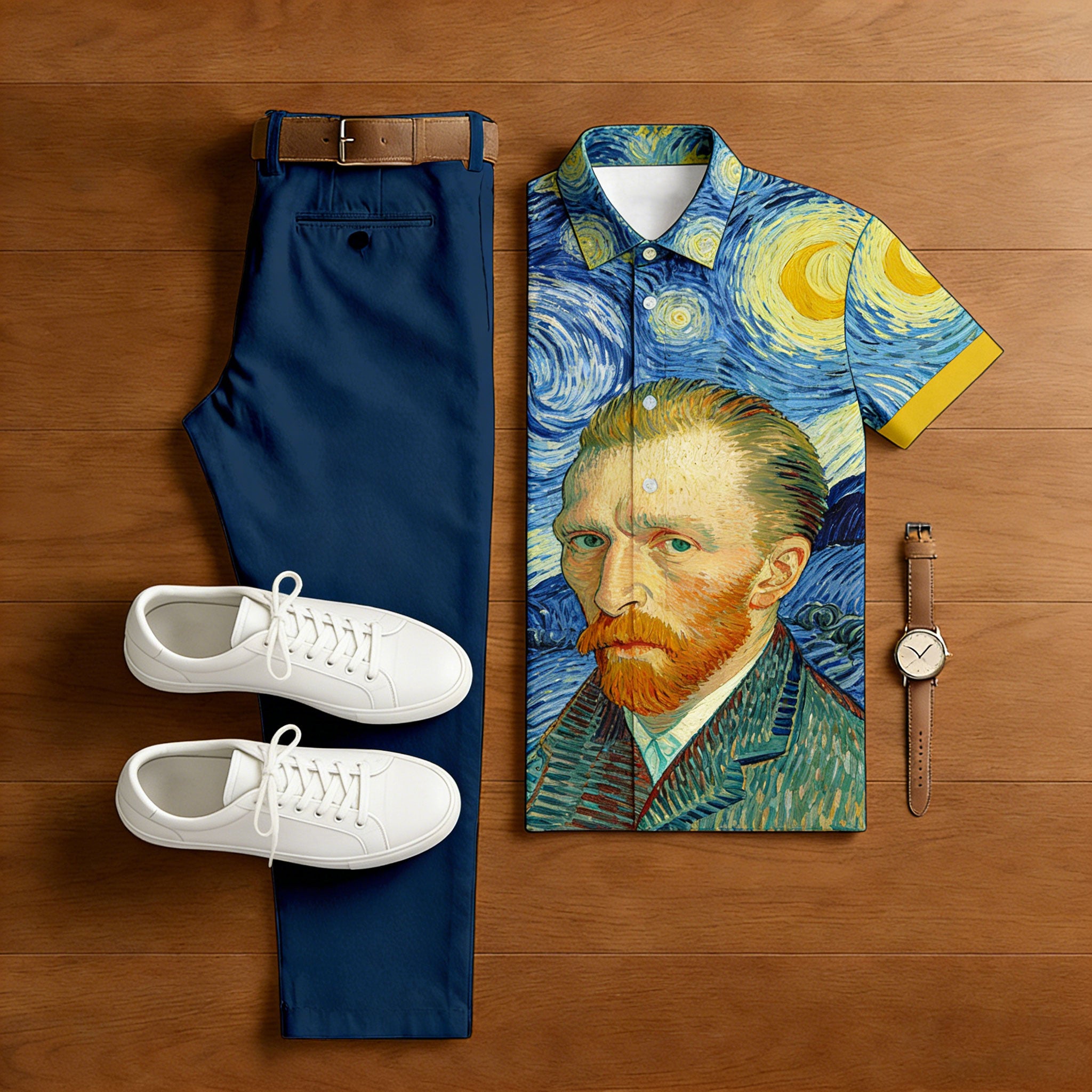Men's Casual Blue Figure Printed Polo Shirt And Trousers Two-Piece Set