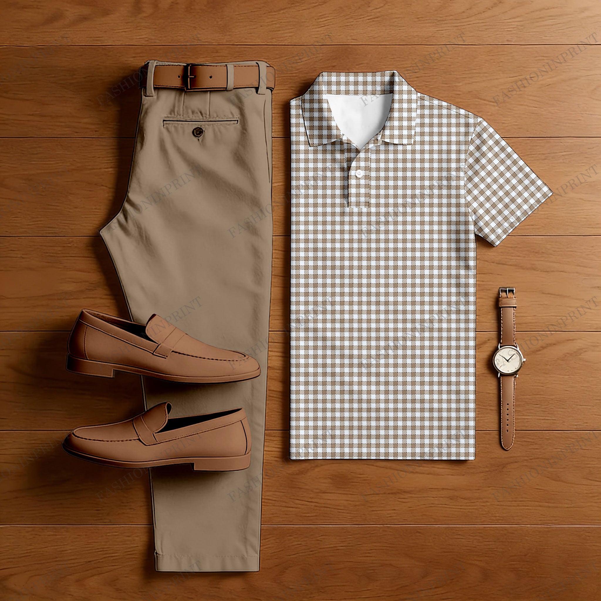 Men's Casual Brown & White Color Matching Checkered Printed Short Sleeved Polo Shirt & Trousers Two-Piece Set
