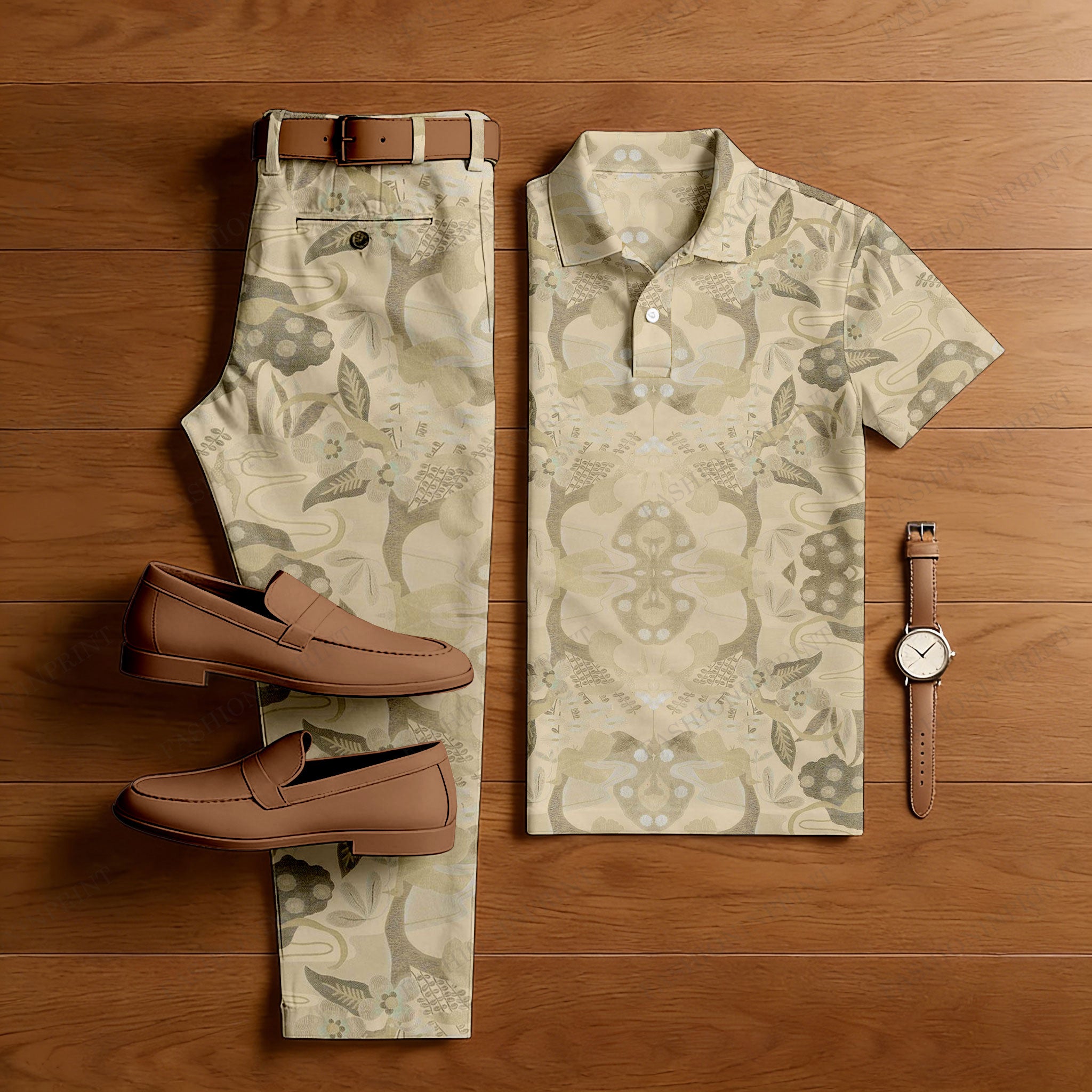 Men's Casual Apricot Printed Polo Shirt And Trousers Two-Piece Set