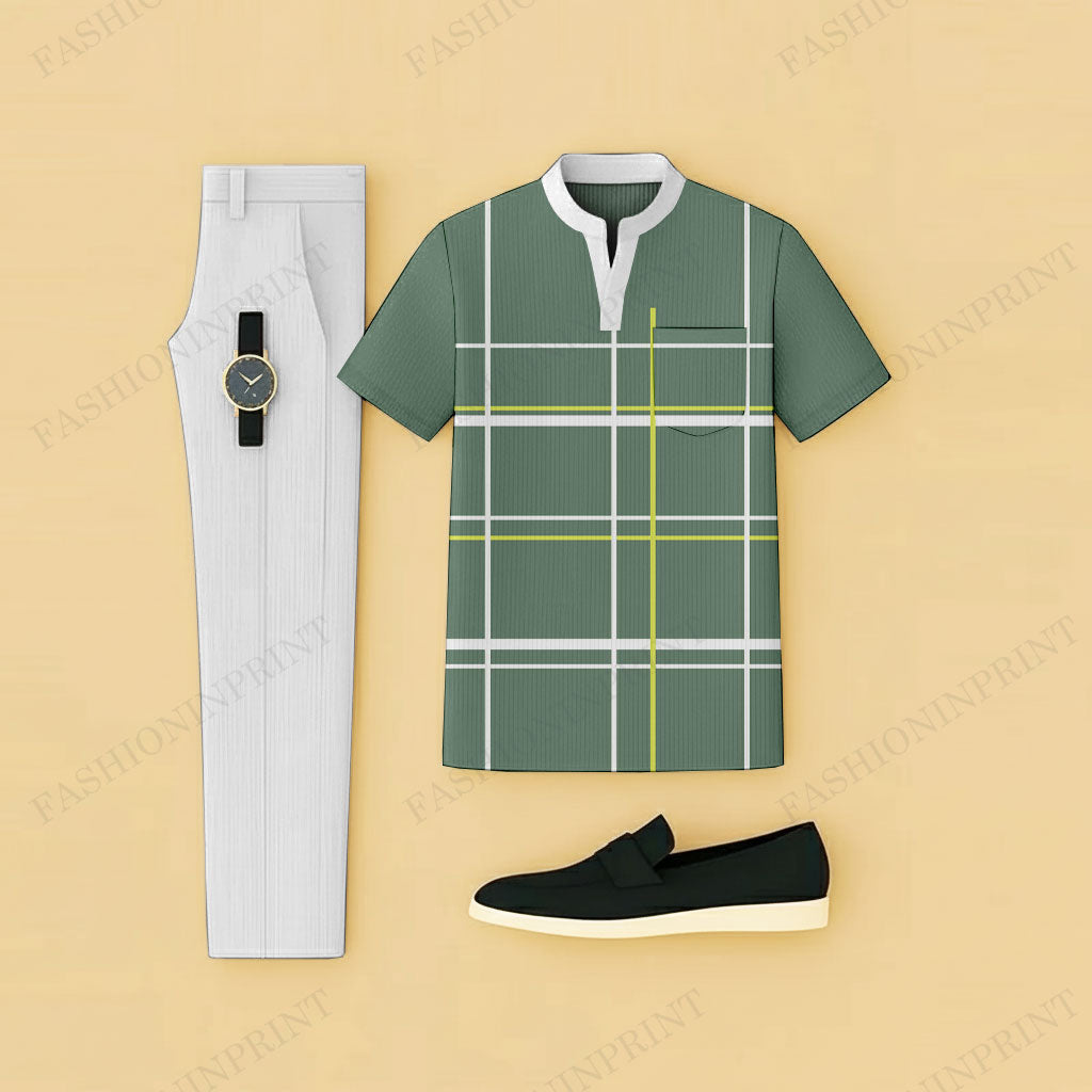 Men's Casual Green Plaid Printed Short-Sleeve T-Shirt And Pants Two-Piece Set