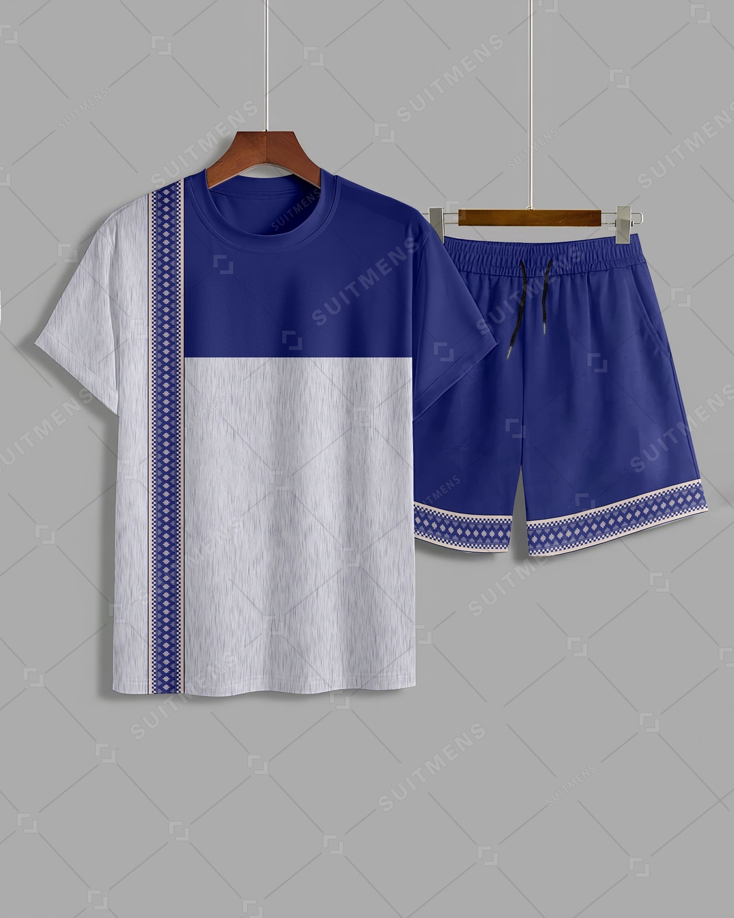Men's Summer Colorblock Printed Round Neck Suit 01