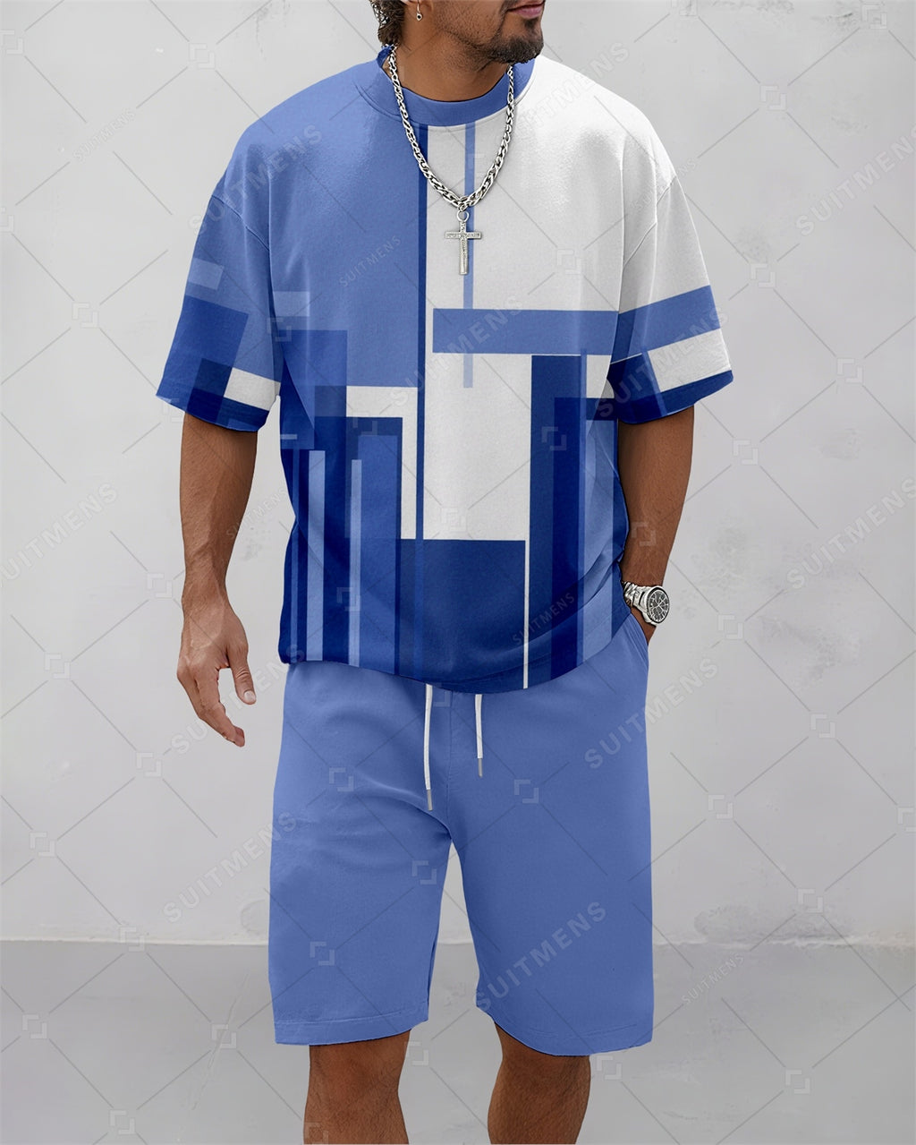 Men's Summer Colorblock Printed Round Neck Suit 085