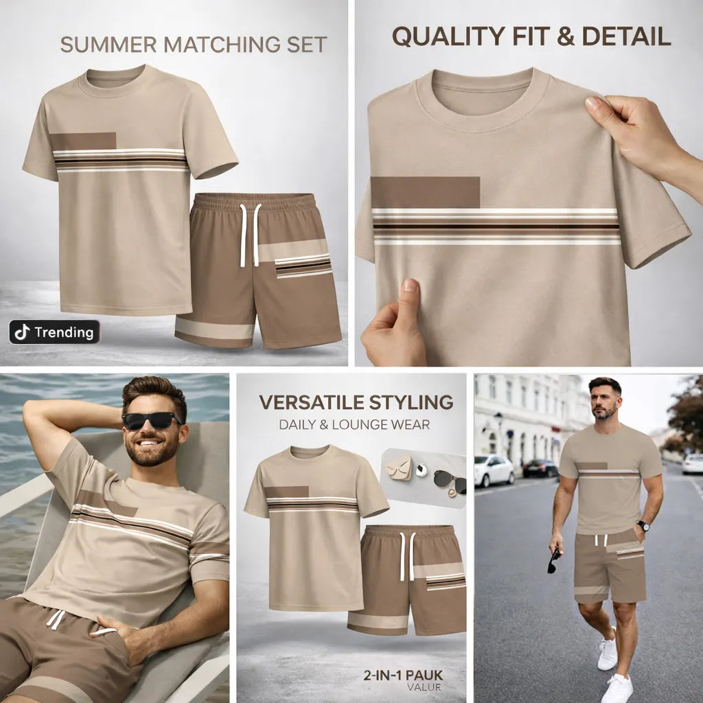 Men’s Casual Short Sleeve T Shirt and Shorts Set, Contrast Stripe Summer 2 Piece Outfit, Soft Breathable Matching Set with Drawstring Shorts for Beach, Outdoor Activities, Travel, Workout, and Everyday Style