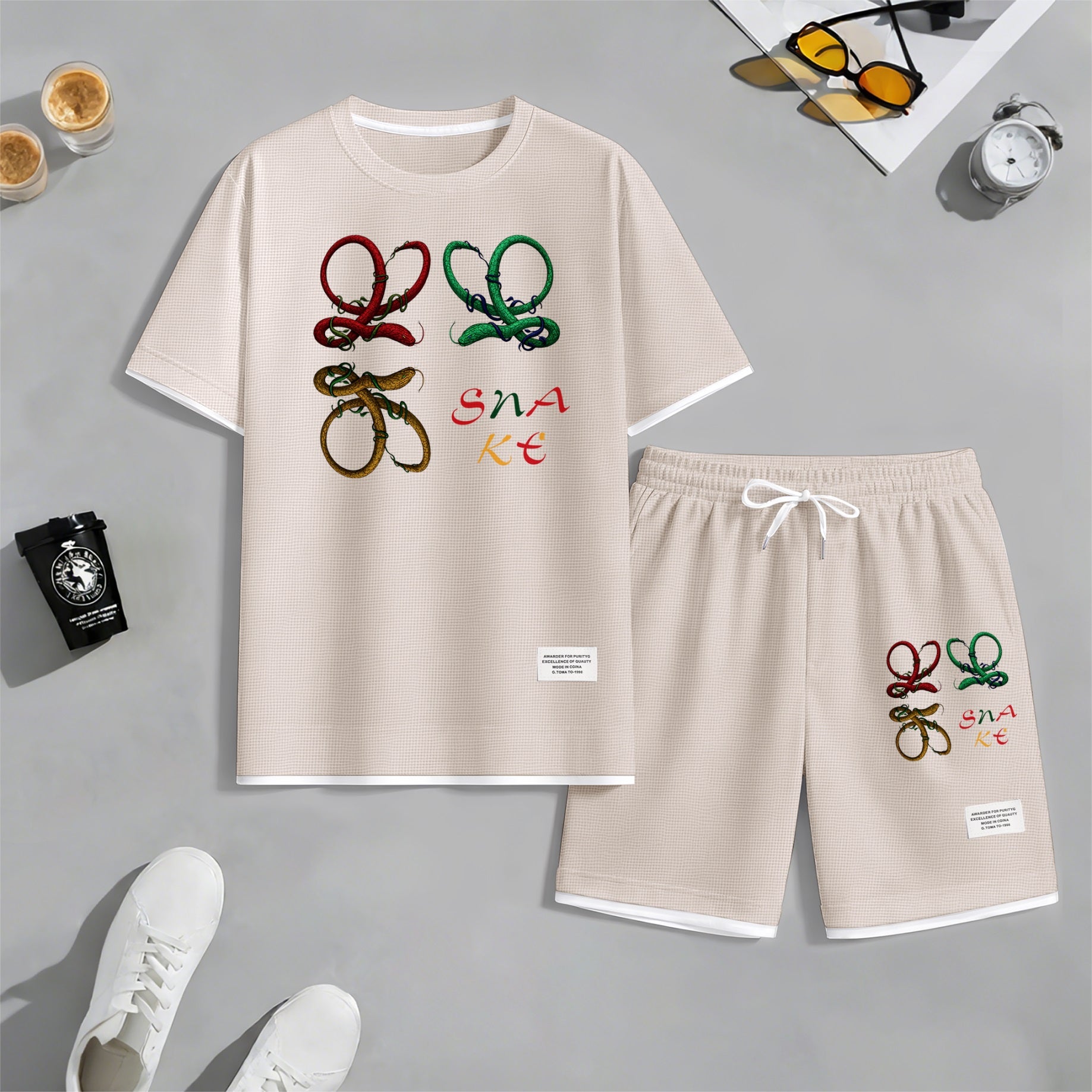 Men's Colorful Snake Shaped Letter Graphic Print Waffle Short Sleeve T-Shirt & Shorts Set, Summer Lightweight Casual Sporty Two-Piece Outfit, Streetwear for Gym & Daily Wear