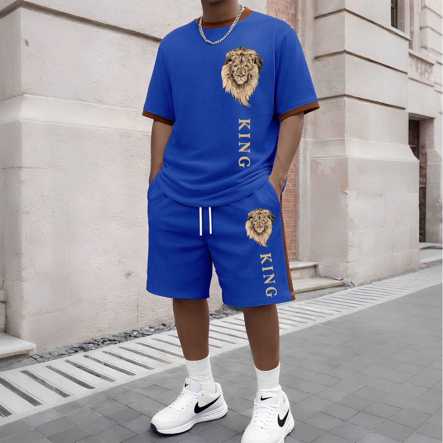 Men's King Pattern Short-Sleeved T-Shirt And Drawstring Shorts Set, Men's Casual Sportswear, Short-Sleeved Top And Shorts, Summer Men's Everyday Wear, Indoor And Outdoor Athletic Wear, Sports Set